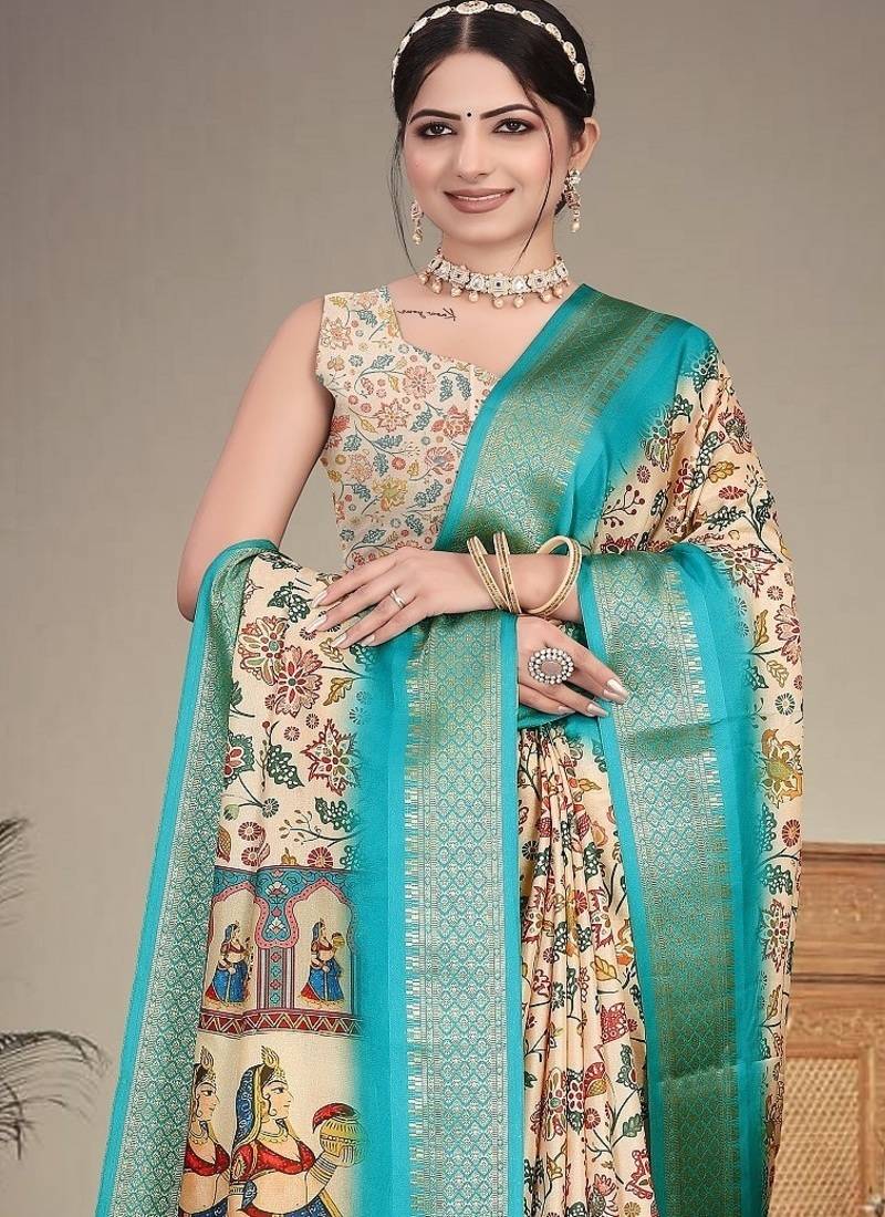 cream color digital printed work cotton blend saree