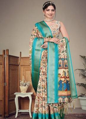 cream color digital printed work cotton blend saree 3