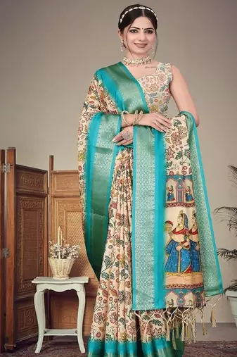 cream color digital printed work cotton blend saree