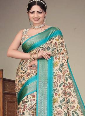 cream color digital printed work cotton blend saree 4