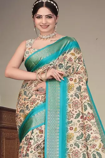 cream color digital printed work cotton blend saree