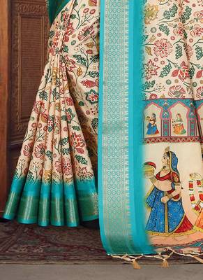 cream color digital printed work cotton blend saree 5