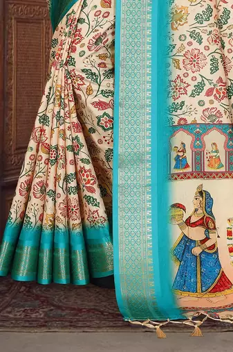 cream color digital printed work cotton blend saree