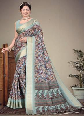 olive color digital printed work cotton blend saree 1