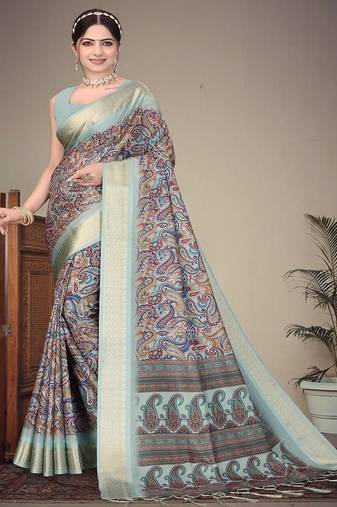 olive digital printed work cotton blend saree