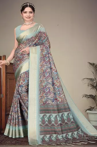 olive color digital printed work cotton blend saree