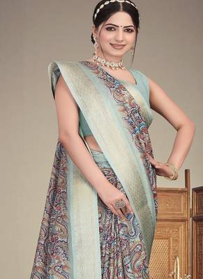 olive color digital printed work cotton blend saree 2