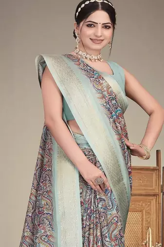 olive color digital printed work cotton blend saree