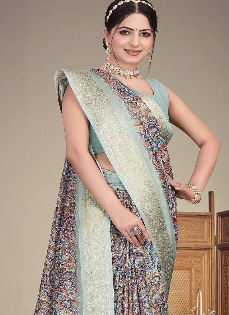 olive color digital printed work cotton blend saree