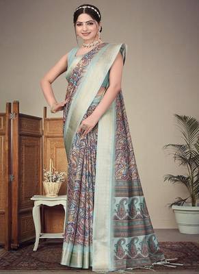 olive color digital printed work cotton blend saree 3