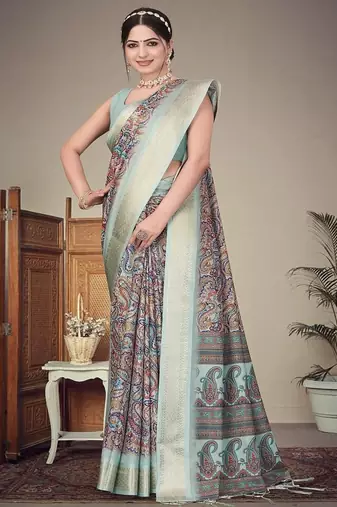 olive color digital printed work cotton blend saree