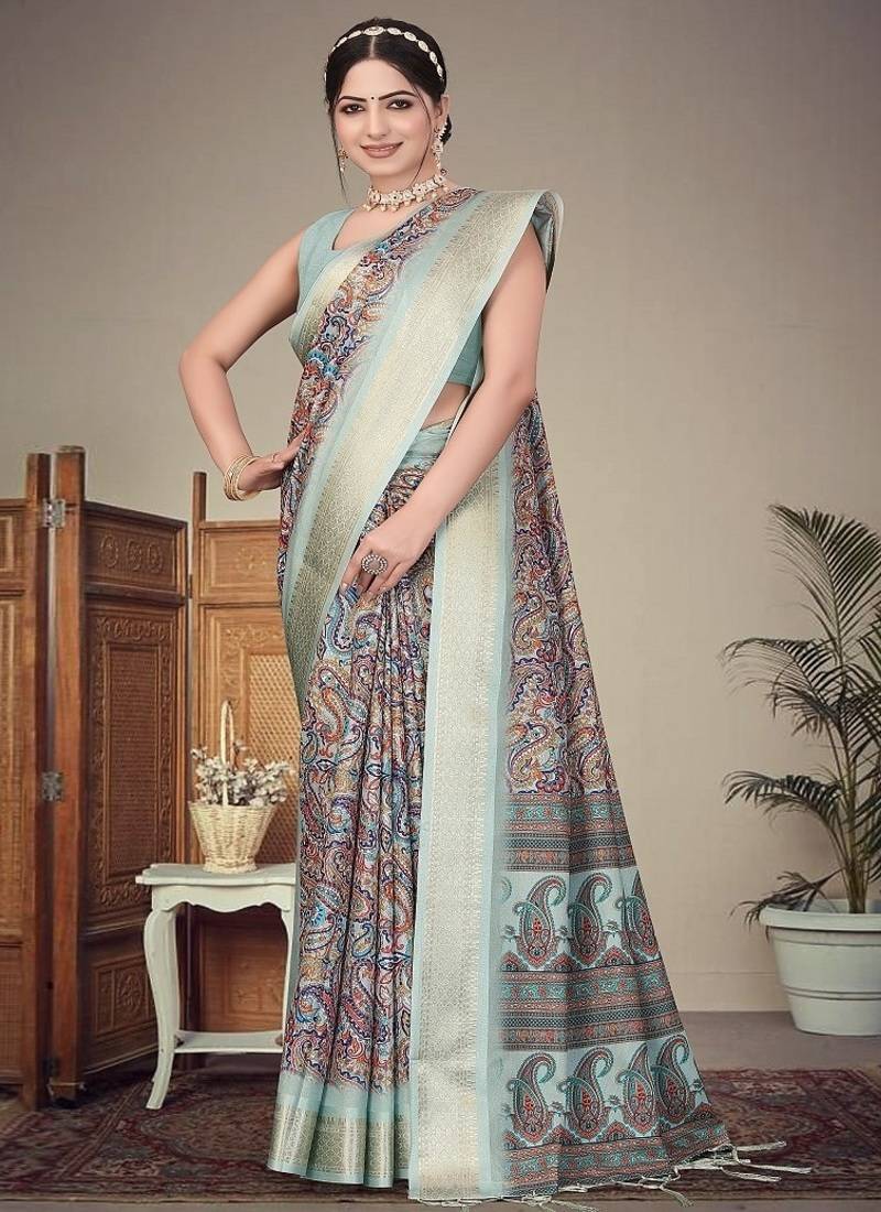 olive color digital printed work cotton blend saree