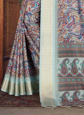 olive color digital printed work cotton blend saree 4