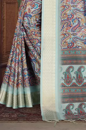 olive color digital printed work cotton blend saree