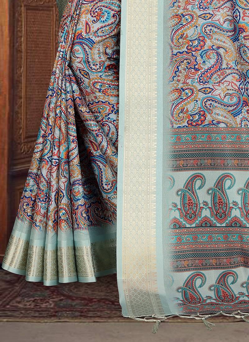olive color digital printed work cotton blend saree