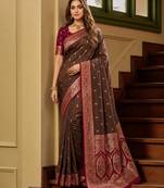 Golden soft banarasi silk saree with zari weaving meenakari design