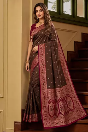 Golden soft banarasi silk saree with zari weaving meenakari design
