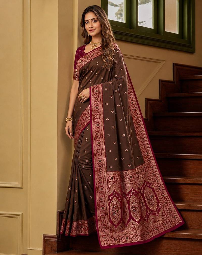 Golden soft banarasi silk saree with zari weaving meenakari design
