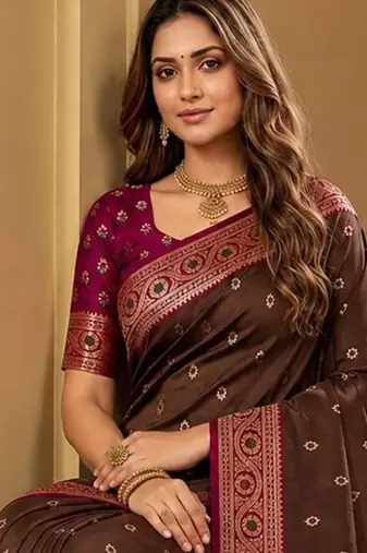 Golden soft banarasi silk saree with zari weaving meenakari design