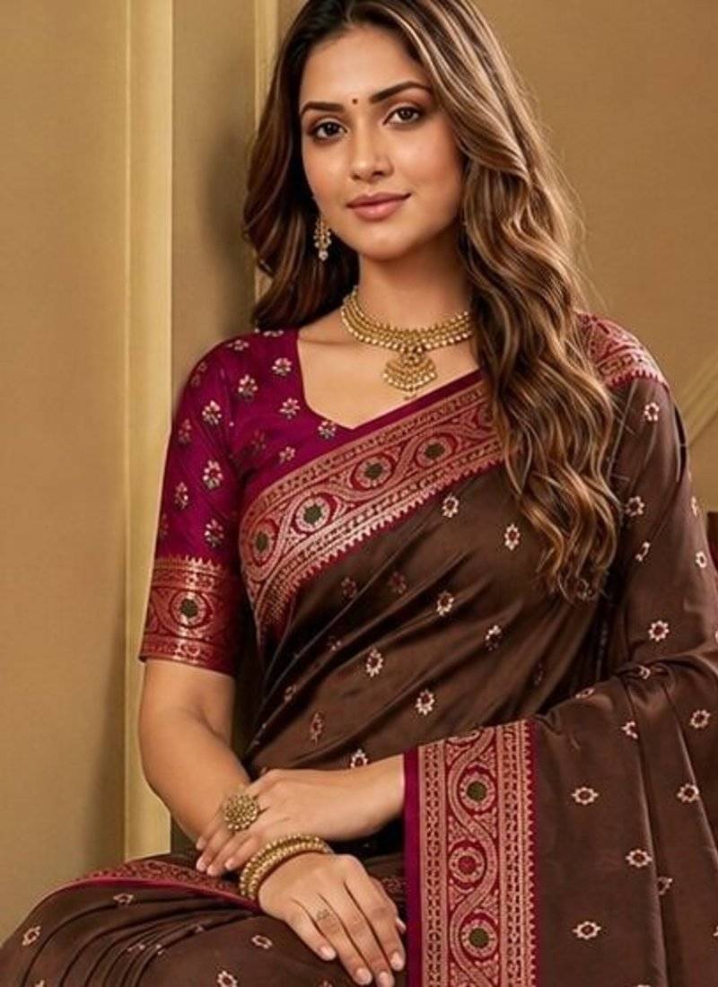 Golden soft banarasi silk saree with zari weaving meenakari design