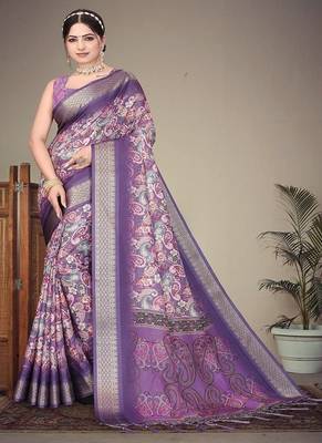 purple color digital printed work cotton blend saree 1