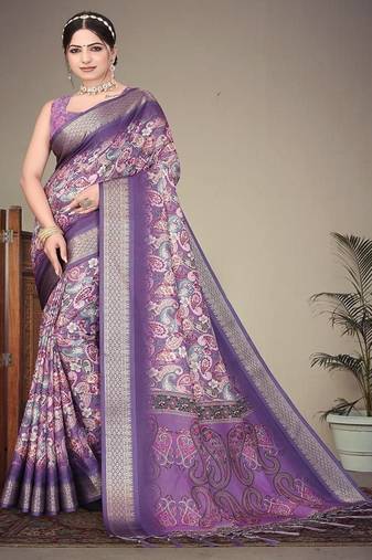 purple digital printed work cotton blend saree