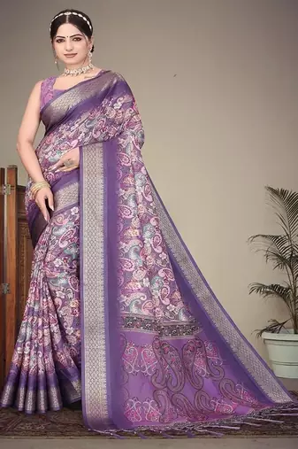 purple color digital printed work cotton blend saree