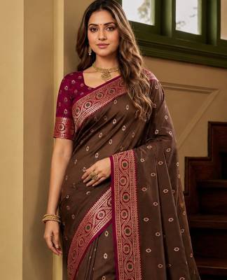 Golden soft banarasi silk saree with zari weaving meenakari design 4