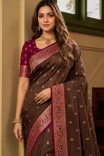 Golden soft banarasi silk saree with zari weaving meenakari design
