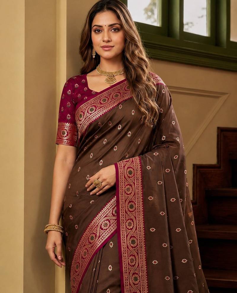 Golden soft banarasi silk saree with zari weaving meenakari design