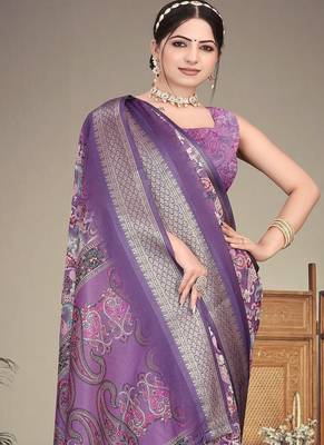purple color digital printed work cotton blend saree 2