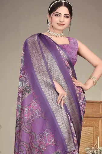 purple color digital printed work cotton blend saree