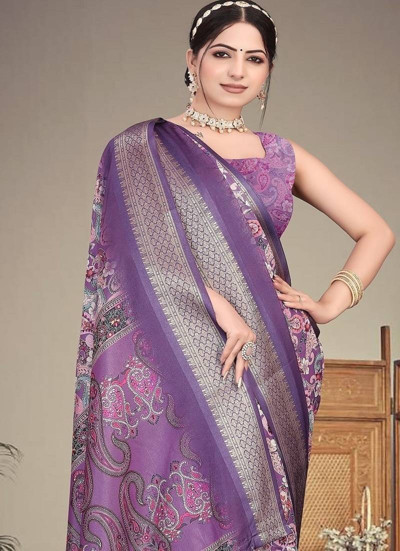 purple color digital printed work cotton blend saree