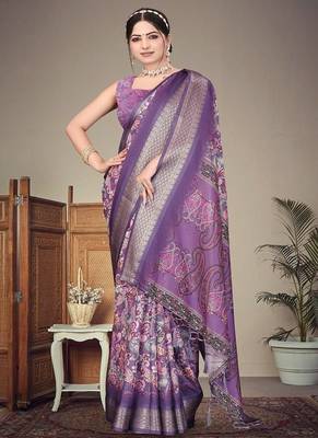 purple color digital printed work cotton blend saree 3