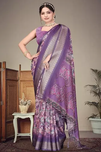 purple color digital printed work cotton blend saree