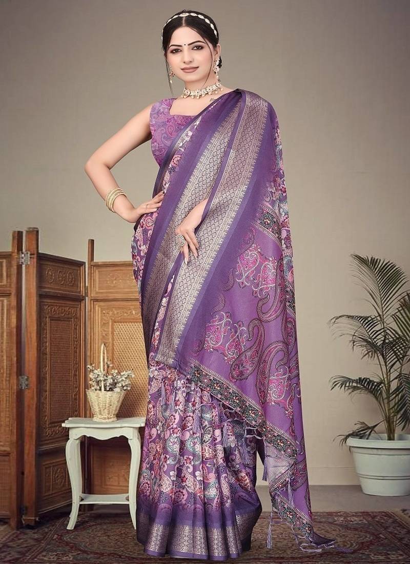 purple color digital printed work cotton blend saree