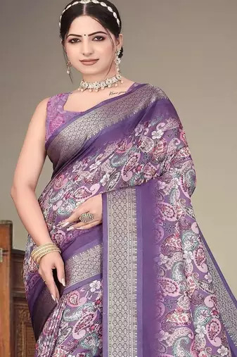 purple color digital printed work cotton blend saree