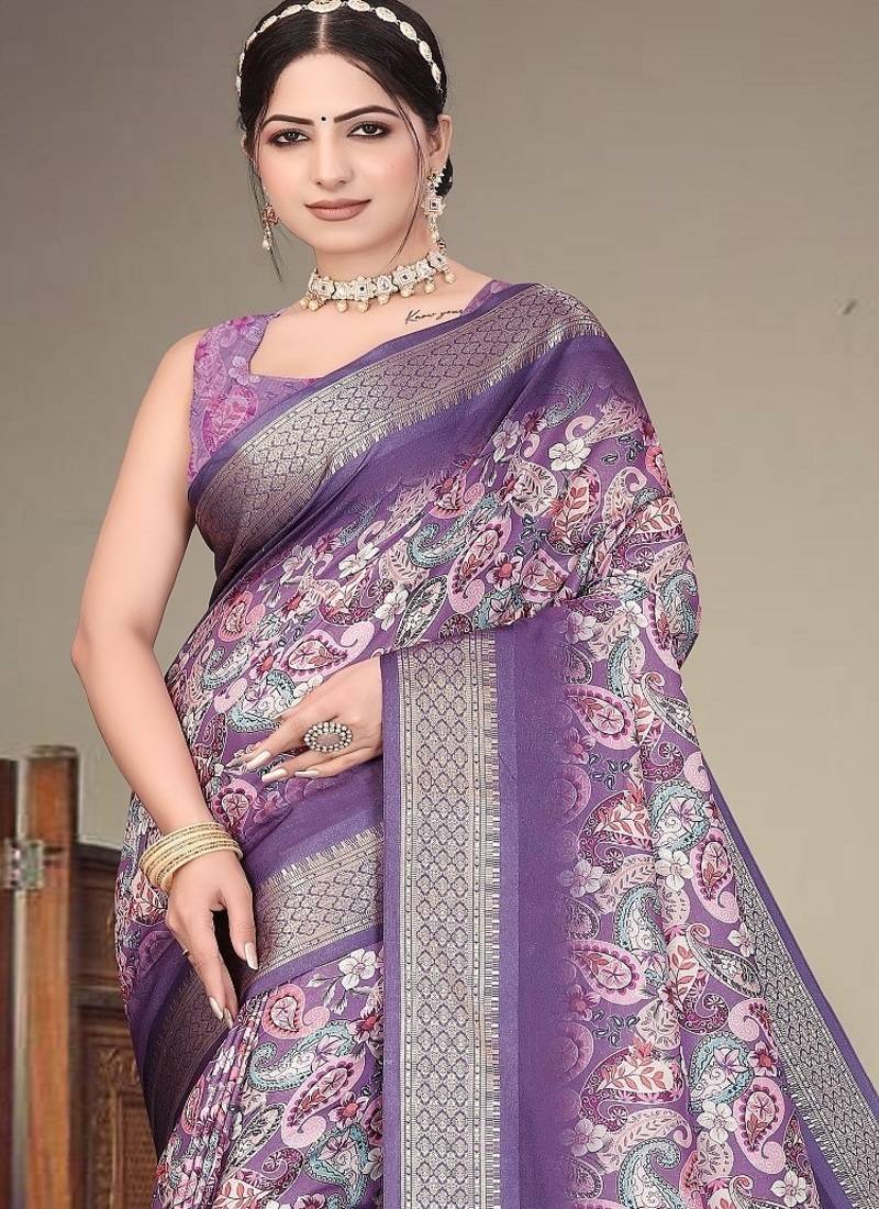 purple color digital printed work cotton blend saree