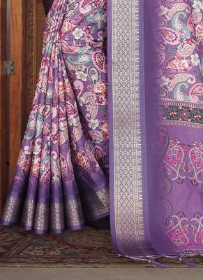 purple color digital printed work cotton blend saree 5