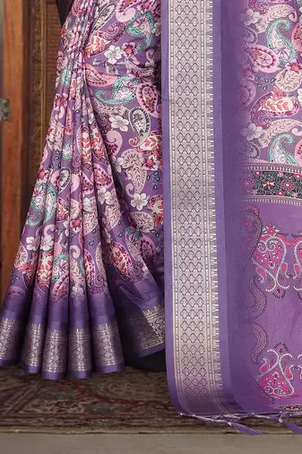 purple color digital printed work cotton blend saree