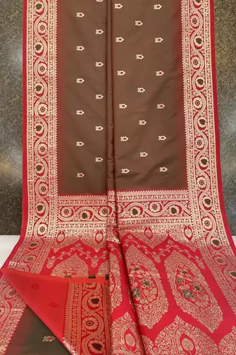 Golden soft banarasi silk saree with zari weaving meenakari design