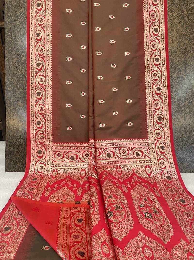 Golden soft banarasi silk saree with zari weaving meenakari design