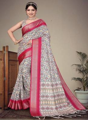 white digital printed work cotton blend saree 1