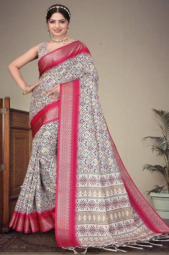 white digital printed work cotton blend saree
