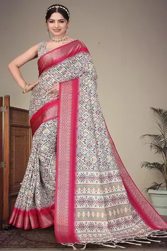 white digital printed work cotton blend saree