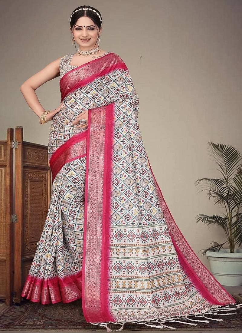 white digital printed work cotton blend saree