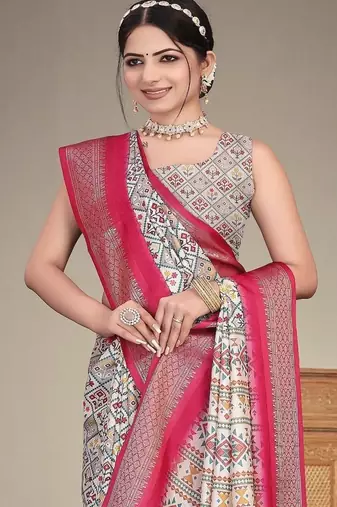 white digital printed work cotton blend saree