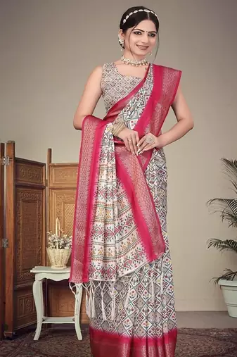white digital printed work cotton blend saree