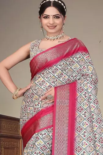white digital printed work cotton blend saree