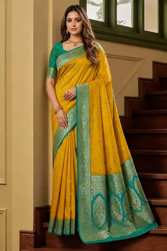 Yellow soft banarasi silk saree with zari weaving meenakari design